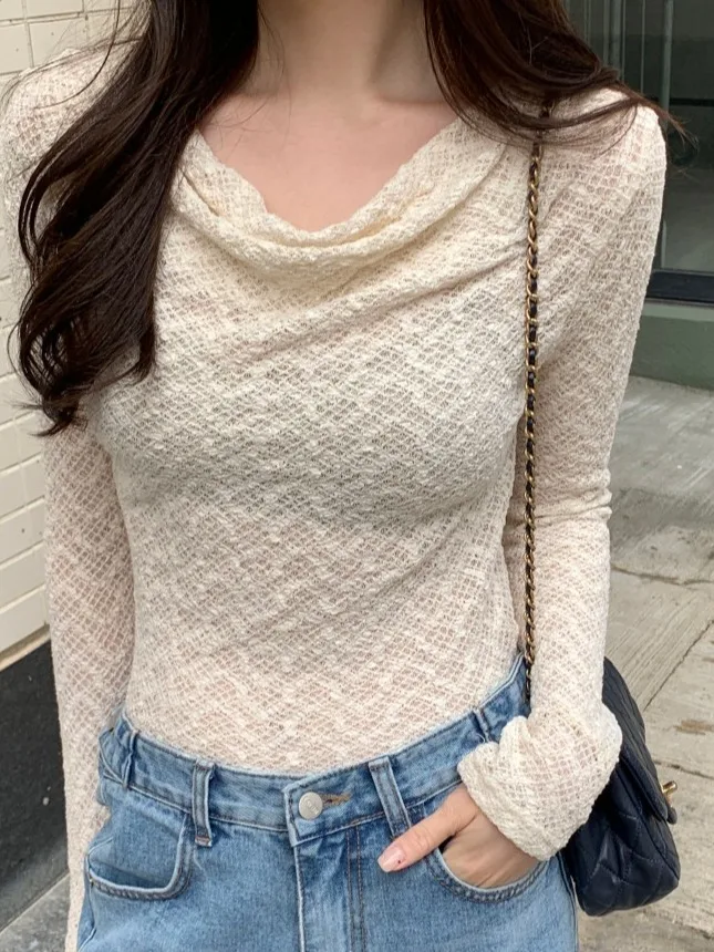 

Ранняя осень, женский шикарный сексуальный длинный све, кружевной утюг, модный базовый слой, удобный дизайн, воротник, корейский, облегающий крой