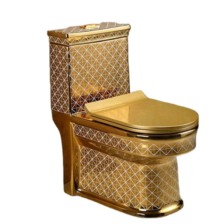 Strong flushing one-piece golden checkered toilet is clean and easy to clean factory wholesale