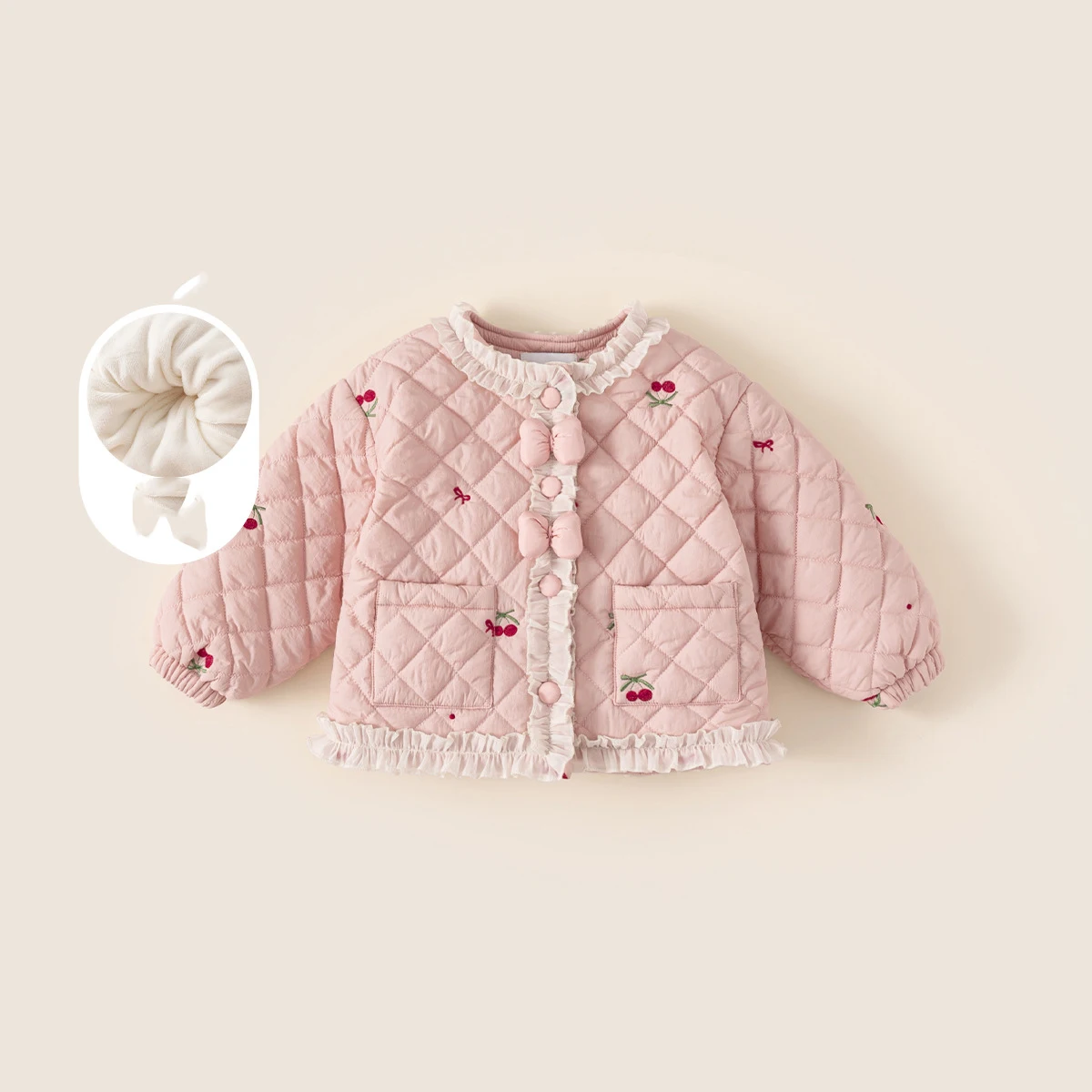 

New Winter Kids Baby Girls Parkas Cherry Embroidery Plus Fleece Toddler Girls Cotton Jacket Lace Collar Infant Girls Outerwear