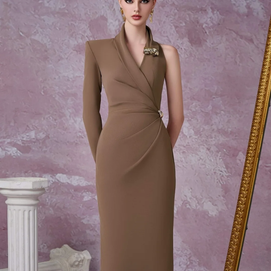 تخصيص رائعة جيرسي مستقيم واحد الكتف يزين فساتين السهرة الخامس الرقبة طويلة الأكمام سستة الظهر العودة للوطن #2