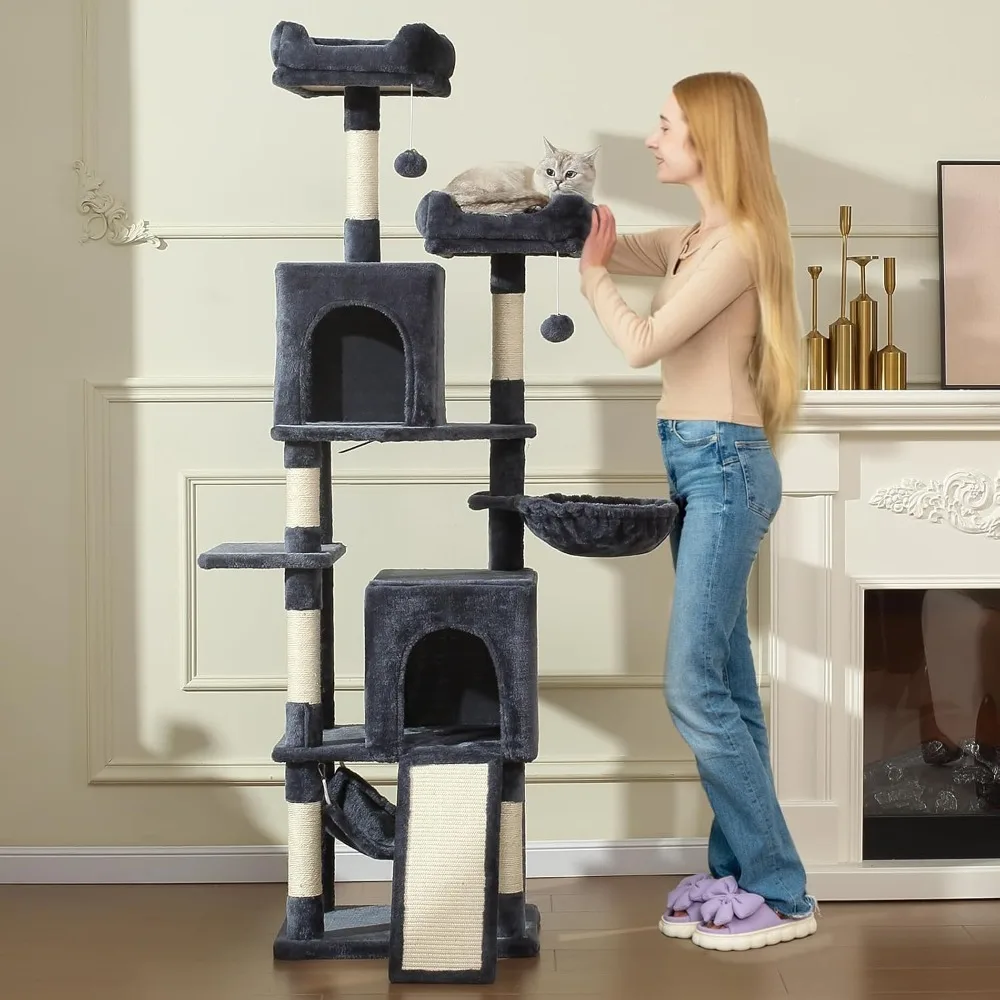 

Cat Tree, 70-Inch Tree Tower with Hammock, Scratching Post, Condo and Multi-Level Tower, Large Activity Center Playh