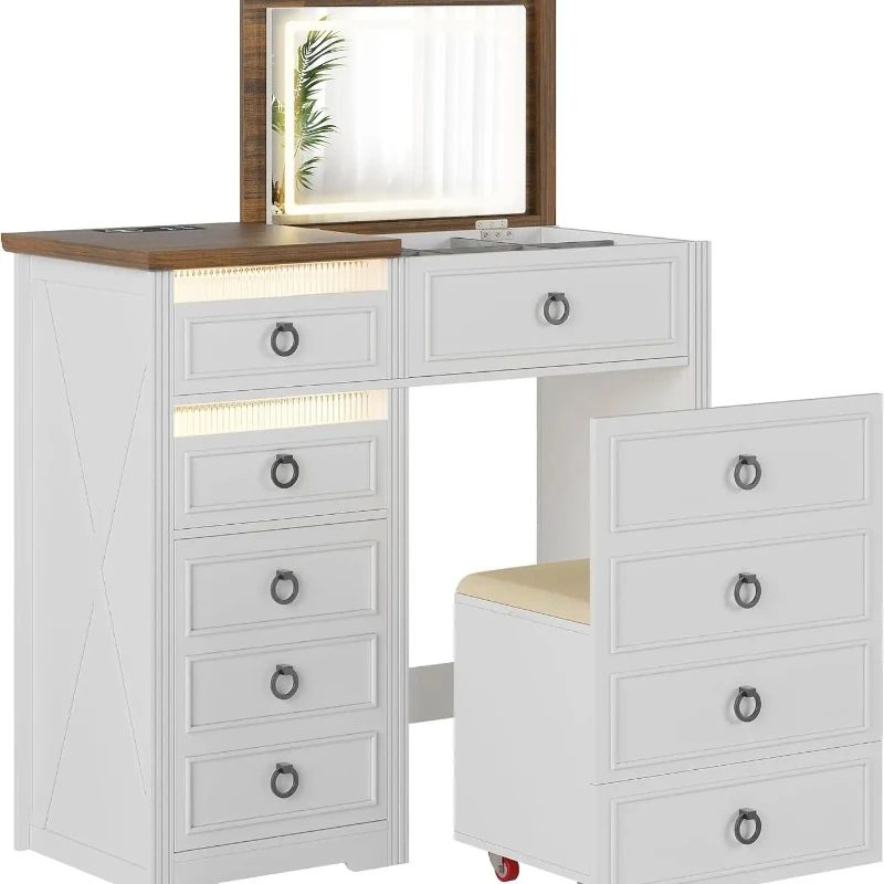 

Vanity Desk with Flip-up 3-Color Lighting Mirror, Hidden Stool, and Charging Station