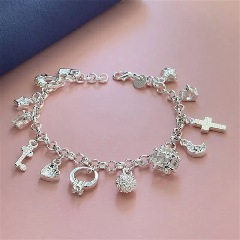 925 Sterling Silver Moon Heart Lock Cross Bracelet For Man Women Charm Wedding Engagement Fashion Jewelry