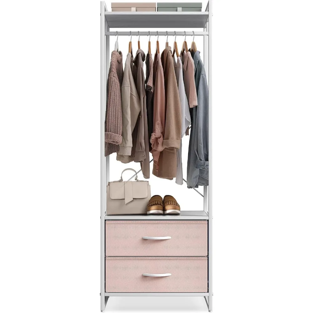 

Premium Cothing Rack with Drawers - Heavy Duty Wardrobe Closet with Metal Frame & Wooden Top - 70Inch Tall Garment Rack- Lightw