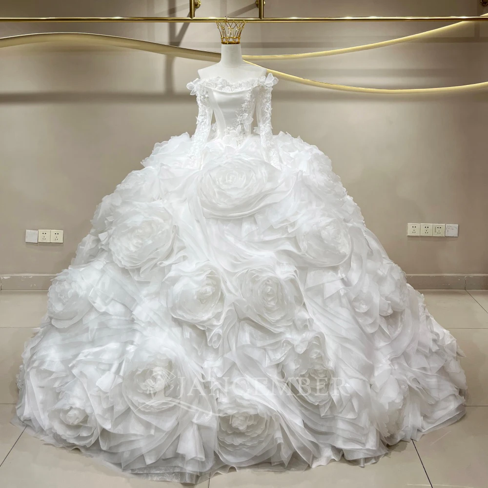 Customized Ball Gowns Wedding Dress With Flower Boat Neck Satin Court Train Bridal Dresses Lace Up Back Vestidos De Noiva