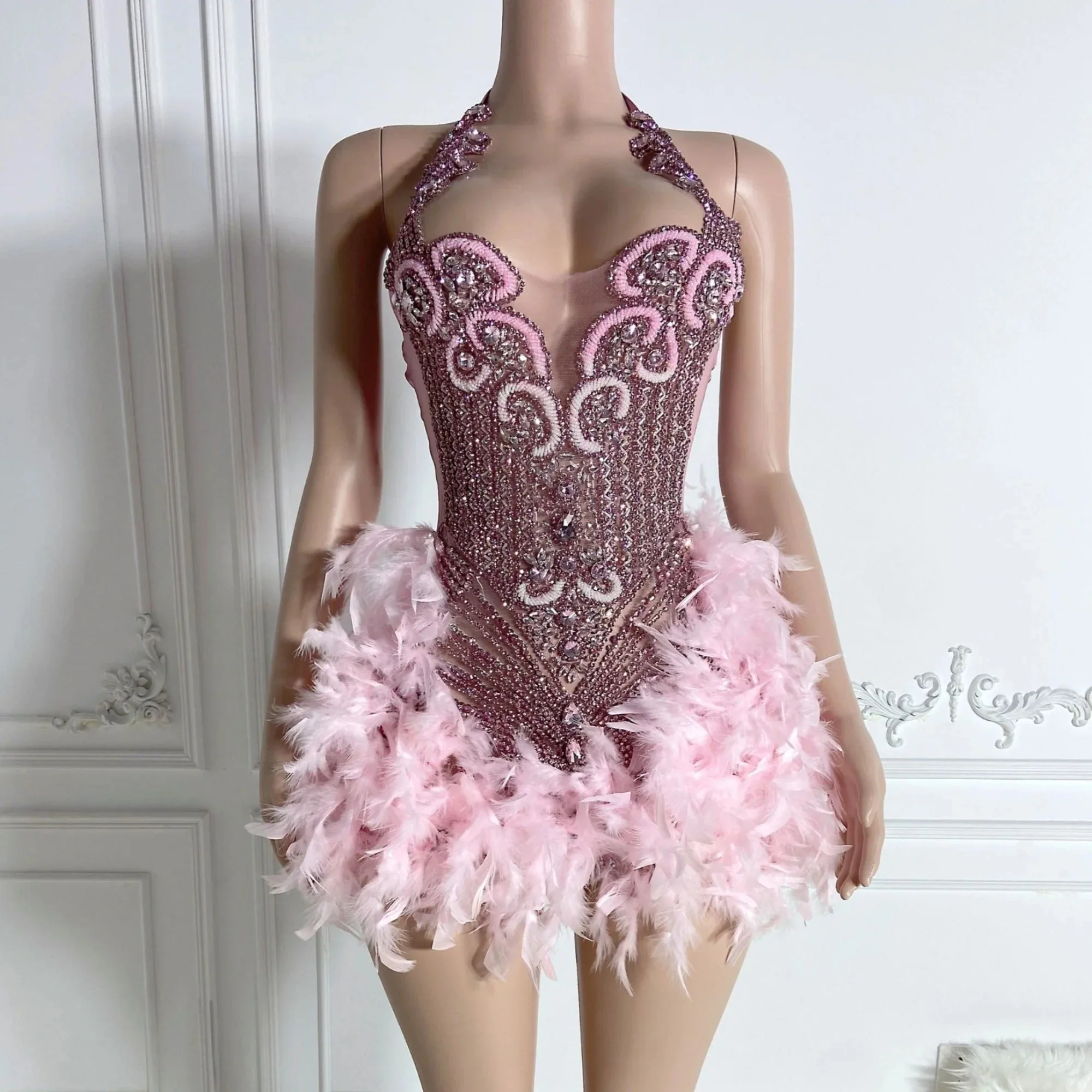 Sexy Black Girl Short Prom Dresses Customized Pink Halter Neck Silver Crystals Women Feather Cocktail Gowns For Birthday Party