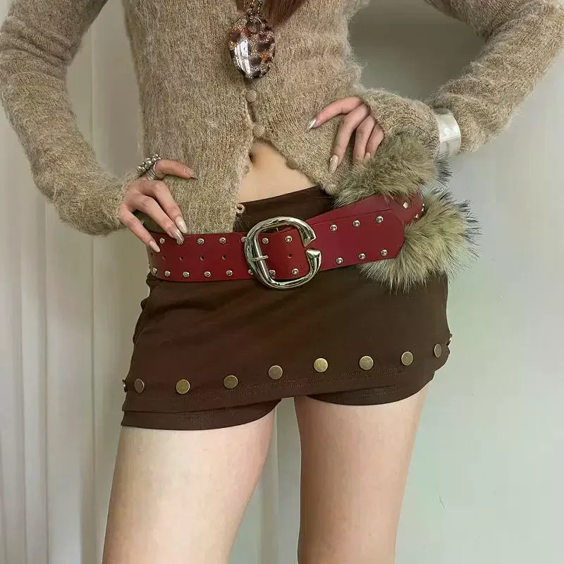 الراقية فو الفراء المرقعة حزام عريض للنساء الثقيلة الشرير ريترو ستايل برشام حزام خصر مع تنورة حزام البنطال الجينز