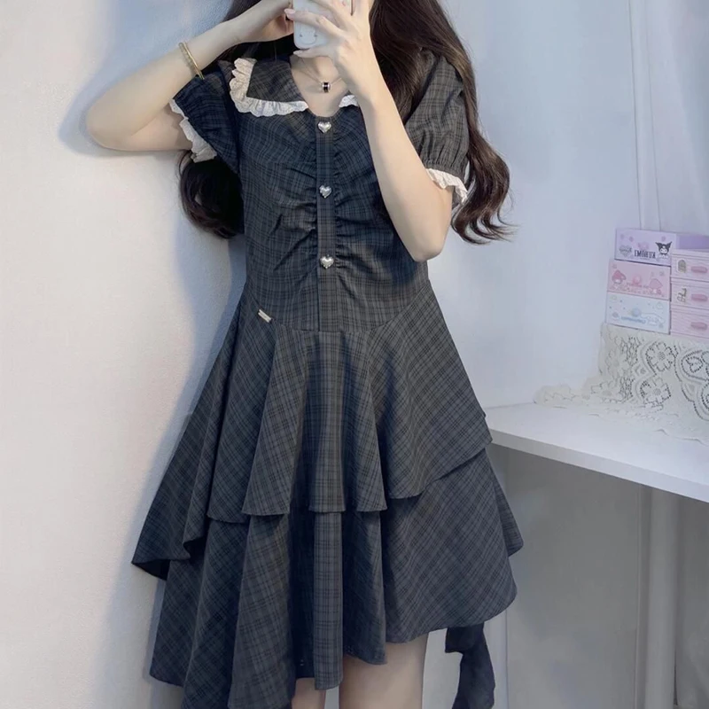 Sweet Peter Pan Collar Plaid Folds Asymmetrical Mini Dress Female Clothing 2024 Summer Loose Puff Sleeve Irregular Casual Dress