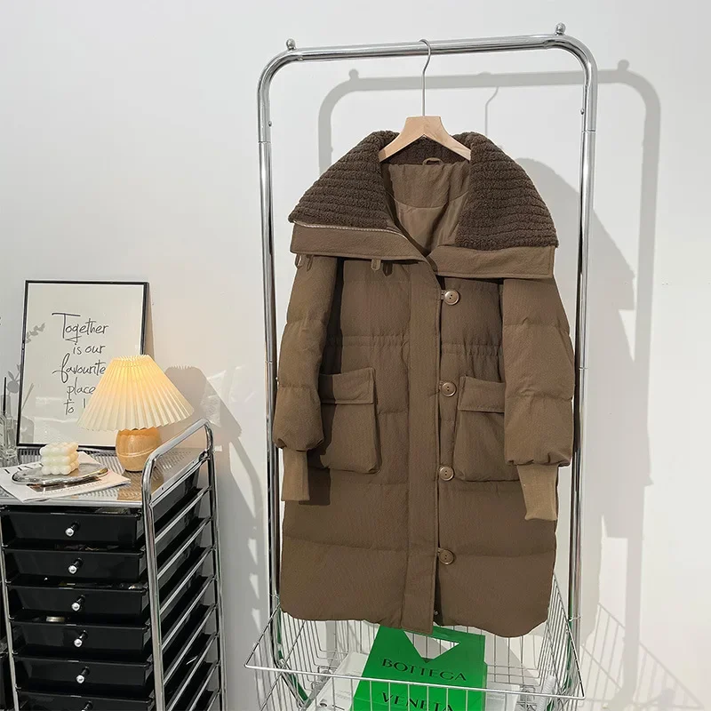 Winter Warm Thick Long Puffer Jacket Patchwork Cotton Coat Over The Knee Parkas Korean Chic Coat Windproof Windbreaker New