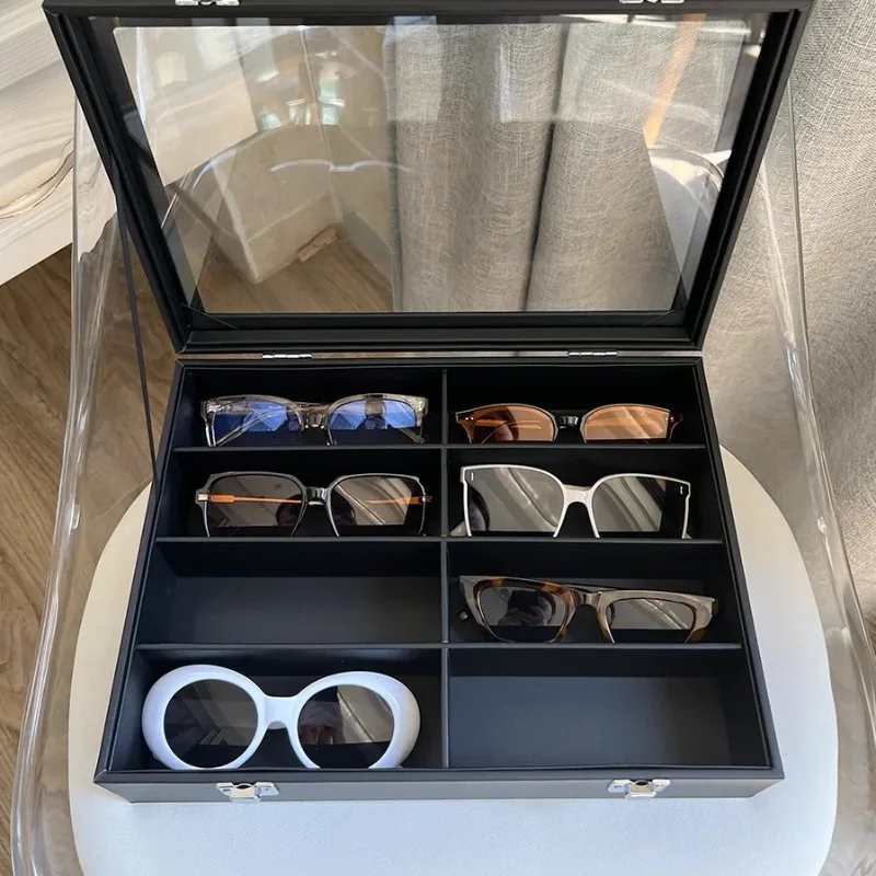 Clear Top Leather Eyeglass Display Case, Slot Velvet Lined Sunglasses Organizer Box for Men Women with Multi-Compartment Storage