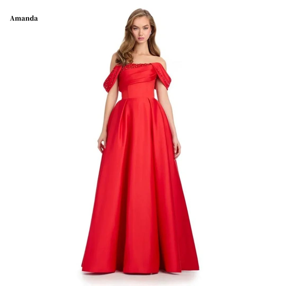 Amanda personalizado perlas rojas fuera del hombro vestido de fiesta sin espalda sin mangas vestidos de noche hasta el suelo noche Formal 2025