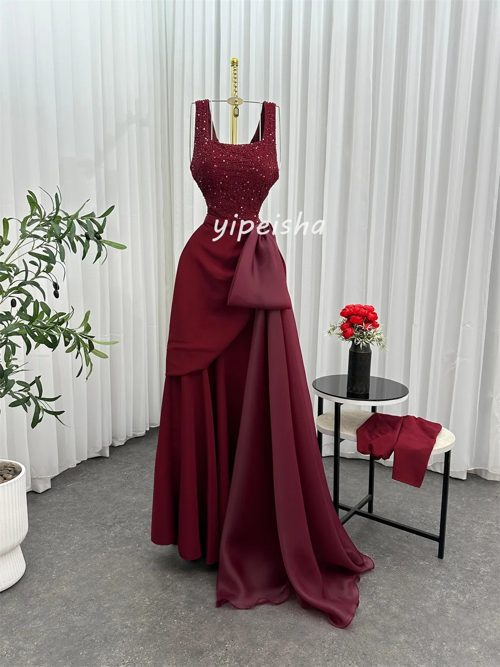 Customized Fashion Intricate Jersey Bow Beading Sequined A-line Square Neck Long Dresses Bespoke Occasion Dresses High Quality