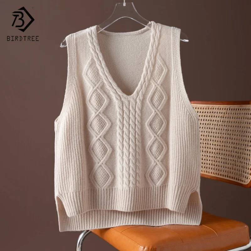 

Birdtree, витой вязаный жилет из 100% овечьей шерсти, женский мягкий свитер без рукавов с v-образным вырезом, осенне-зимний жилет с боковым разрезом T5O601JF
