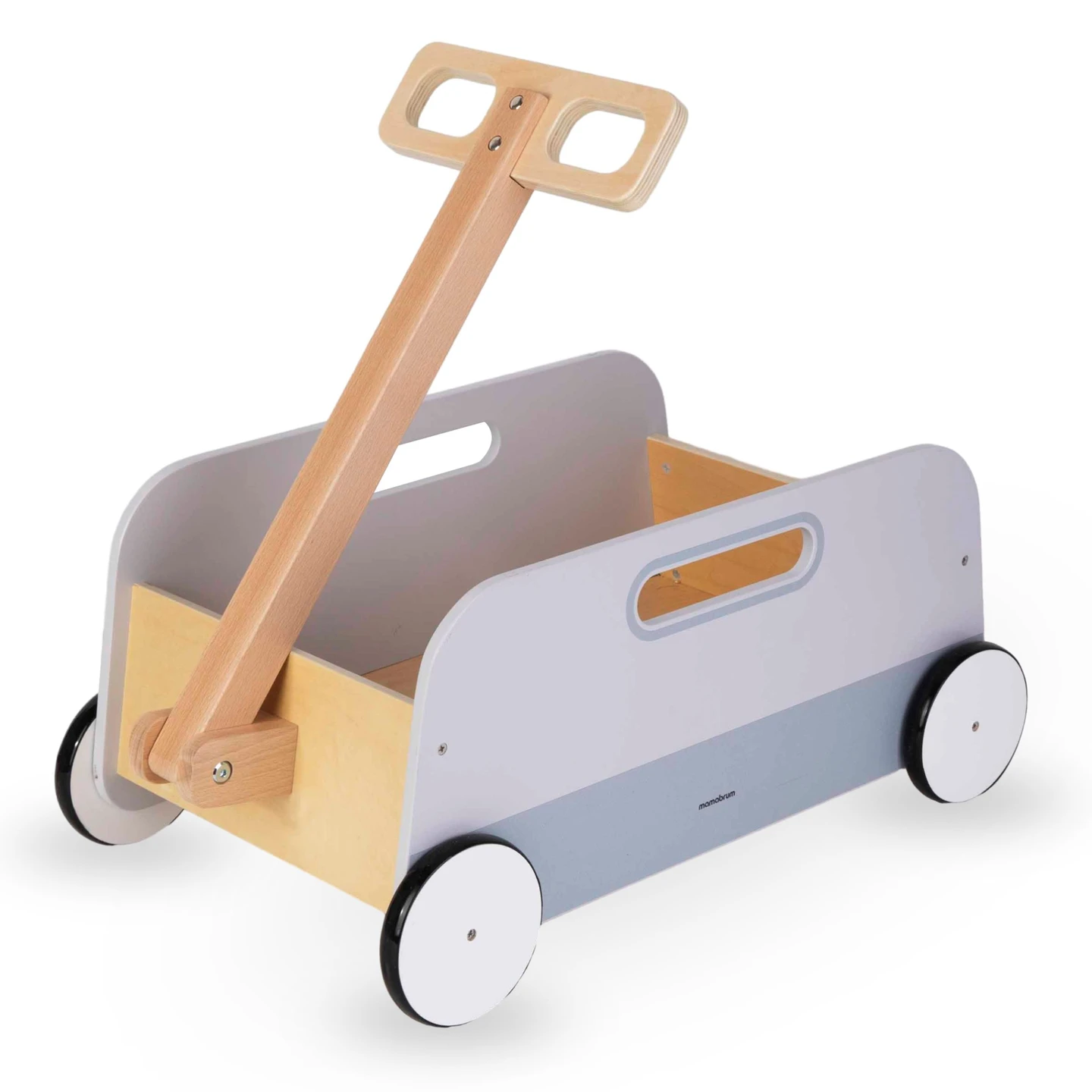Mamabrum houten speelgoedwagen met aanhangwagen, stabiel voor peuters die leren lopen (vanaf 18 maanden), met rubberen wielen.