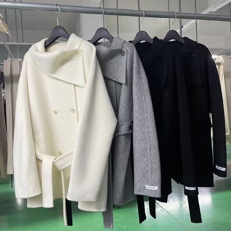 

Модное двустороннее кашемировое шерстяное пальто для женщин на осень и зиму 202, новое шерстяное пальто в стиле Хепберн с диагональным воротником