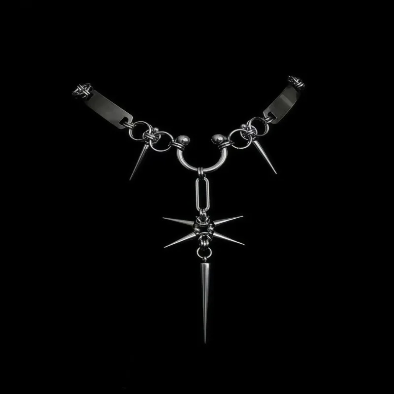 Gotische Silberne Stachelhalskette mit Metallstern-Anhänger, Lange Stachelkette, Punk-Dark-Alternative-Schmuck, Geschenk für Frauen und Männer – Detail 6