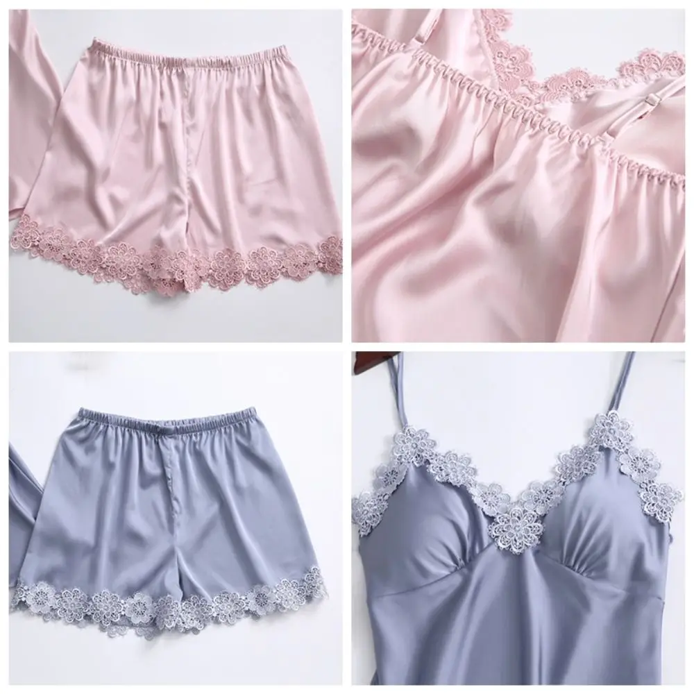 アイスシルクレースパジャマスーツ V ネックノースリーブスリングショーツナイトウェアルース女性ホーム服ツーピースパジャマセット睡眠