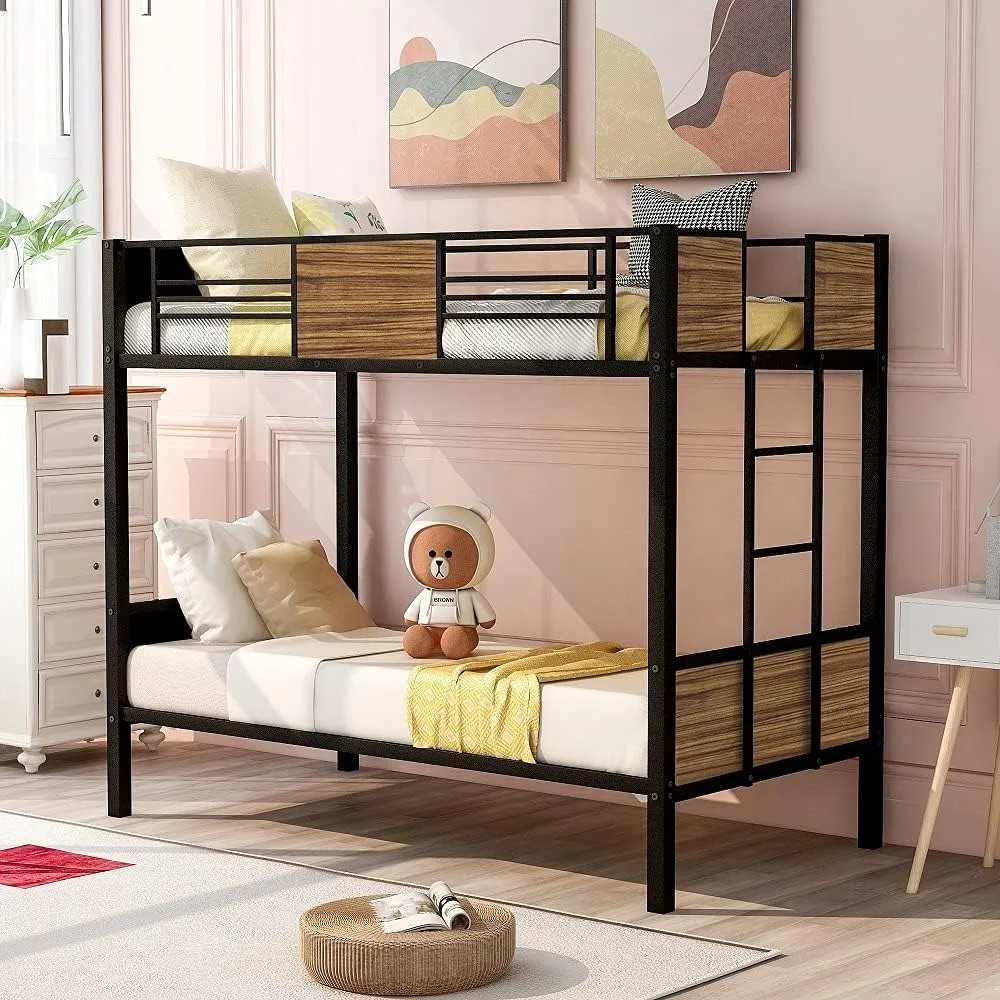 Modern Style Twin-Over-Twin bunk Bed, Steel bunk Bed Frame with Safety Rail, Built-in Ladder. Suitable for bedrooms, Dormitories