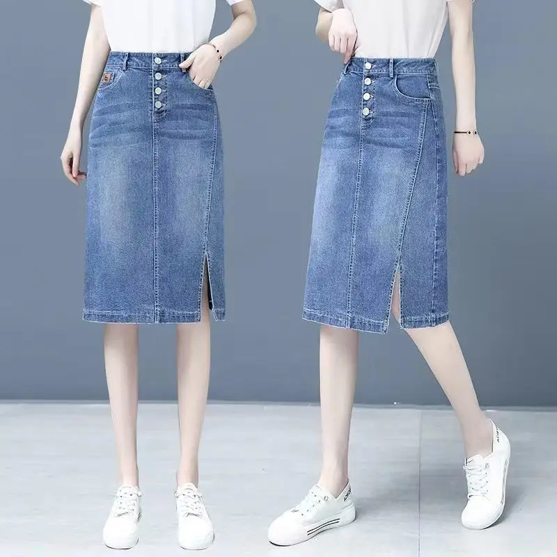 Women's 2024 Summer New Minimalist Commute Solid Color High Waist Button Pockets A-line Thin Midi Split Hip Wrapped Denim Skirts