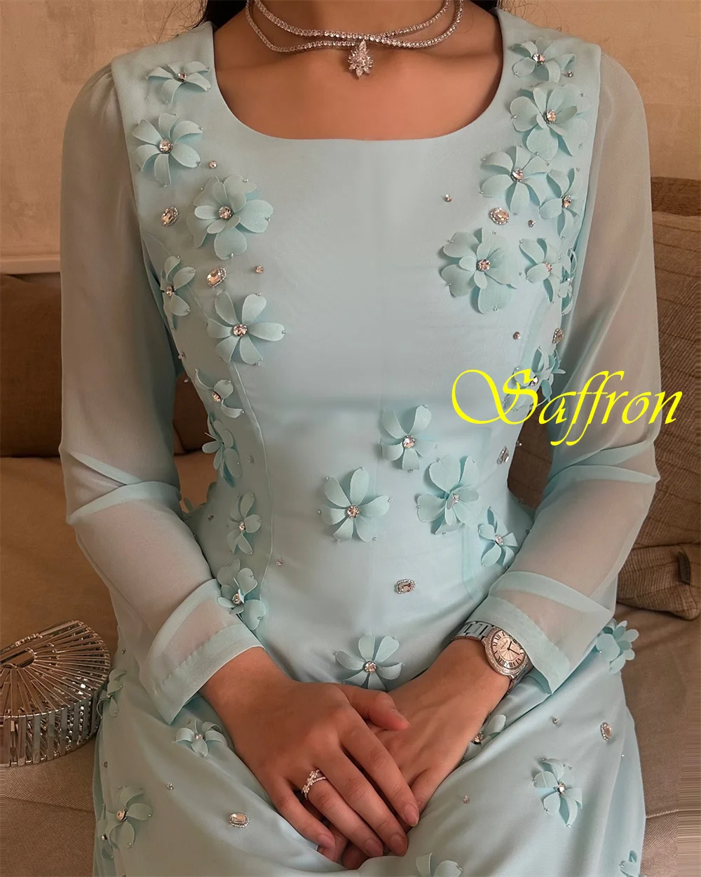 فستان سهرة شيفون أنيق مخصص برقبة دائرية وأكمام طويلة، فساتين رائعة للحفلات الراقصة، فساتين مناسبة خاصة فاخرة