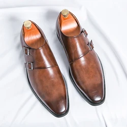 2024 Nowe skórzane buty dla mężczyzn Monk Shoes Klasyczne brązowe buty ślubne dla mężczyzn Moda Casual Men Shoes Evening Dress Moccasins