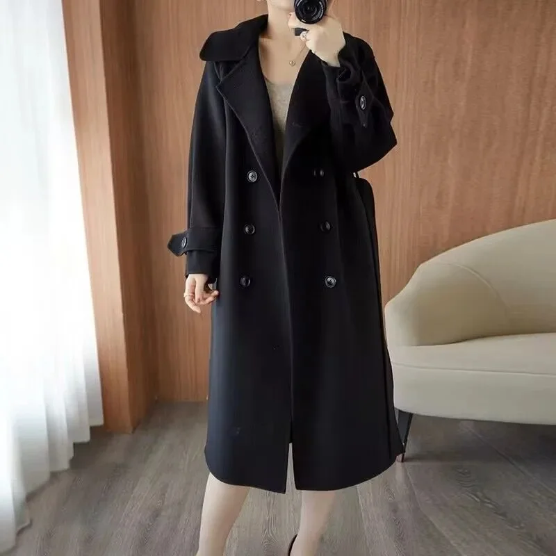 high-end 100% wool water ripple coat double-sided coat women autumn winter new double-sided cashmere coat women long