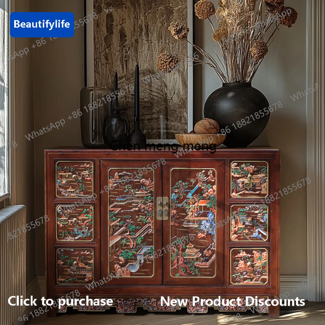

M183 Solid wood carving flower chest cabinet Painted storage cabinet Foyer American retro dining side entrance cabinet
