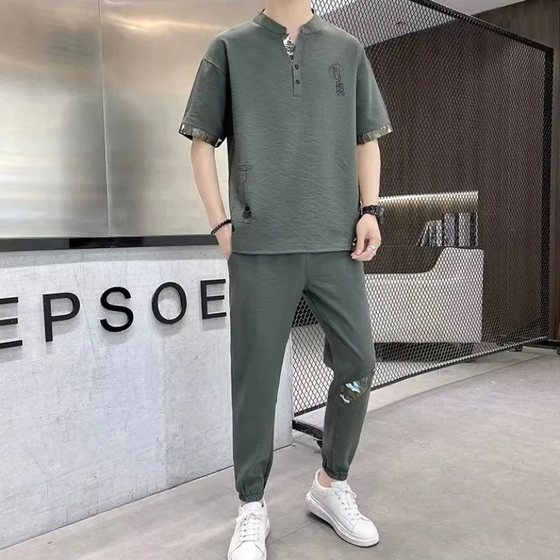 (Shirt + trousers) 2024 summer fashion men shirt Cotton shirts men\'s sets High quality shirts Two Piece size M-4XL TZ0191