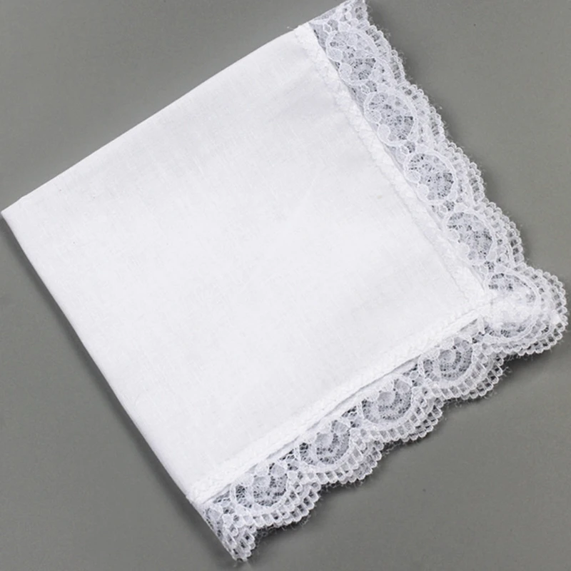 652F 26x27cm Nam Nữ Khăn Tay Cotton Màu Trắng Rắn Hankies Túi Viền Ren Khăn