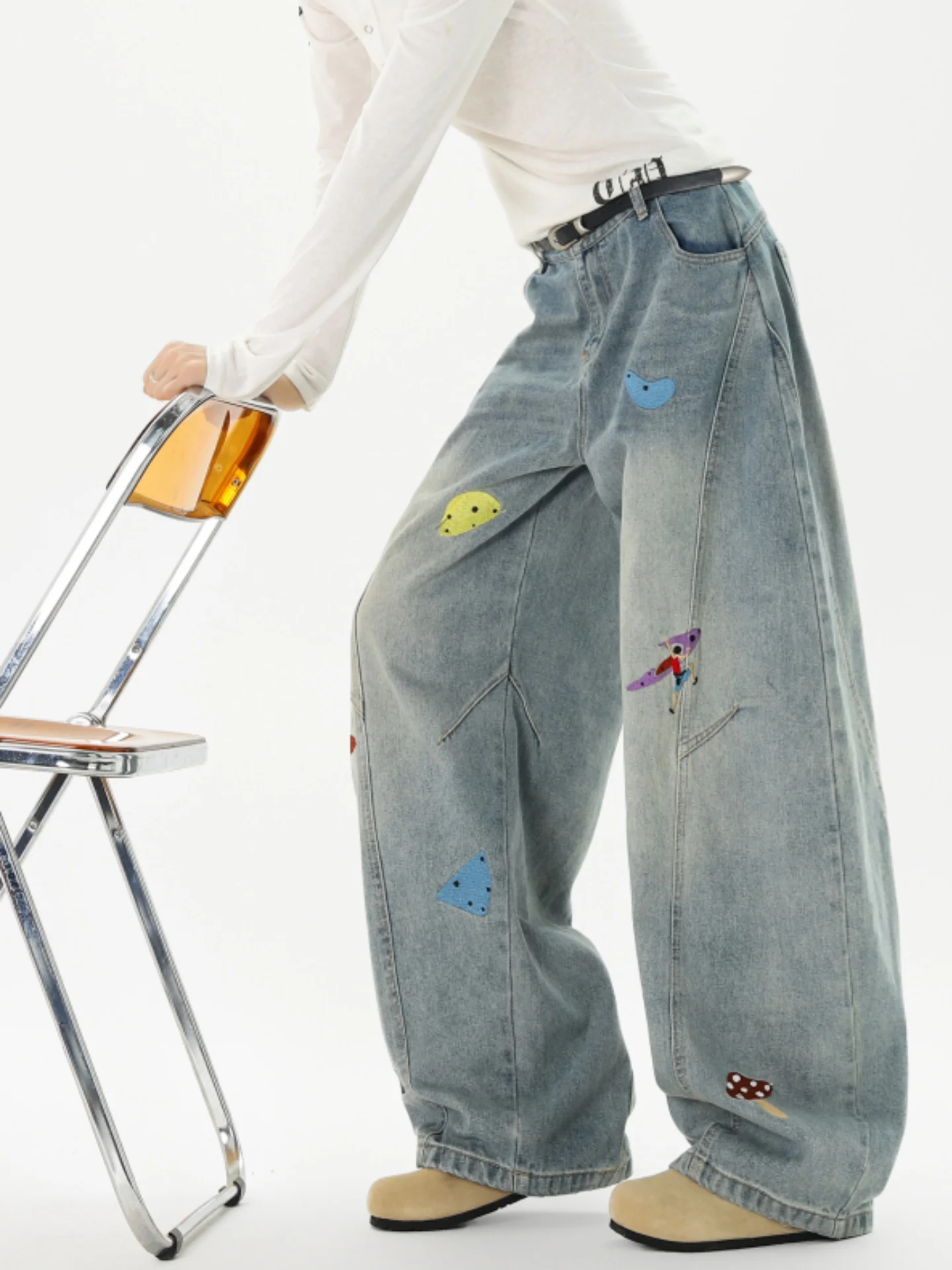 

Cartoon Embroidered Wide Leg Jeans Men's Design Sense Sliced Deconstructed Pants Autumn American Retro Straight Leg Jeans