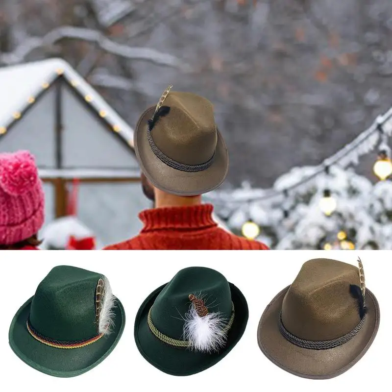 1pcs Jazz Hat With Feather Oktoberfest Fedora Hat Derby Bowler Hats Curled Halloween Costume Cosplay Caps For Outdoor Events