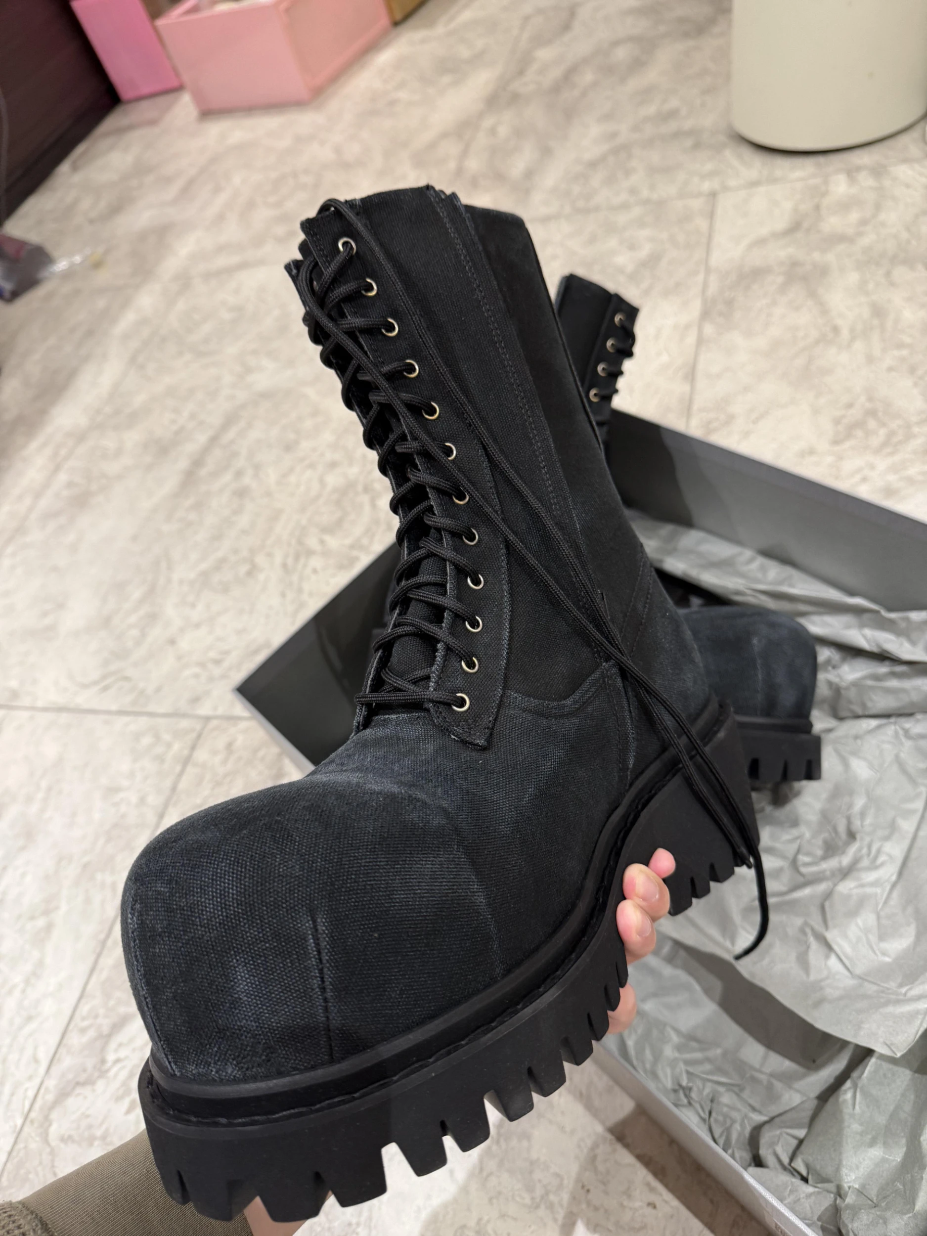 

Vintage Denim High Top Boots Men's k Punk War Boots Thi Bot Heightening Work Boots Leather Splicing Retro