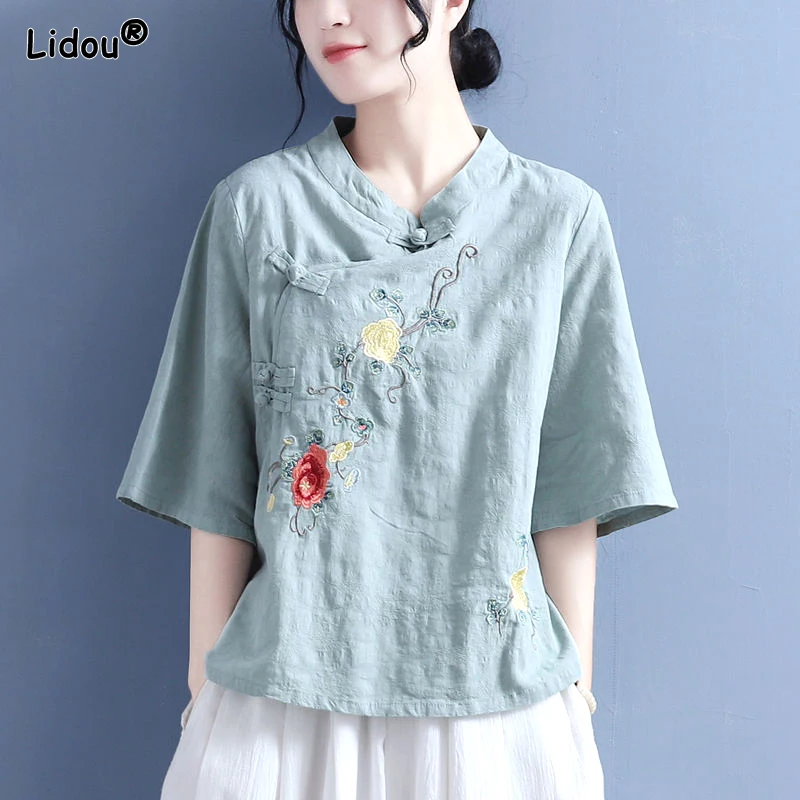 

Chinese Style Elegant Thin Summer Blouses Loose Fashion Casual Embroidery Button Stand Collar Tops New Women's Clothing 2023