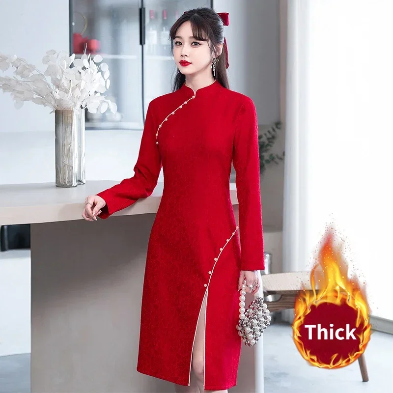 

Chinese Traditional Lace Qipao Dress for Women Autumn Winter New Elegant Retro Slim Modern Improved Red Cheongsam CNY