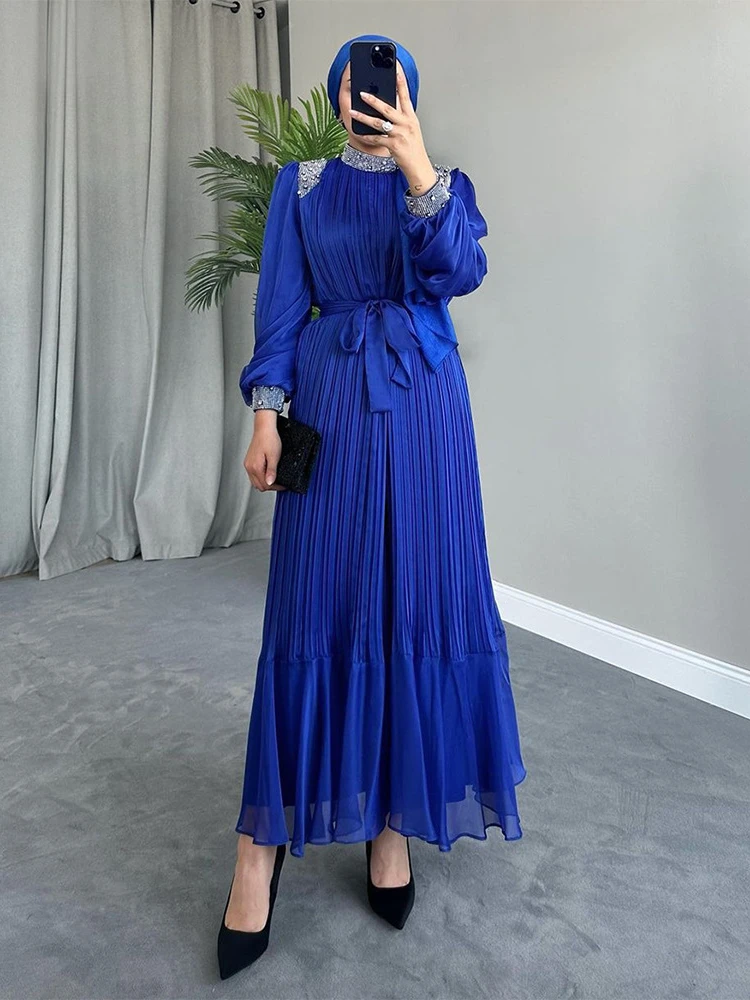 Eid Long Dress Women Muslim Diamond Pearls Abaya Pleated Robe Belt Ramadan Abaya High Neck Party Dresses Kaftan Caftan Jalabiya