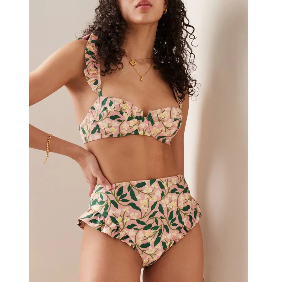 Conjunto de Bikini de vendaje con volantes para mujer, traje de baño Floral con sujetador acolchado de realce, falda de playa de gasa, ropa de playa