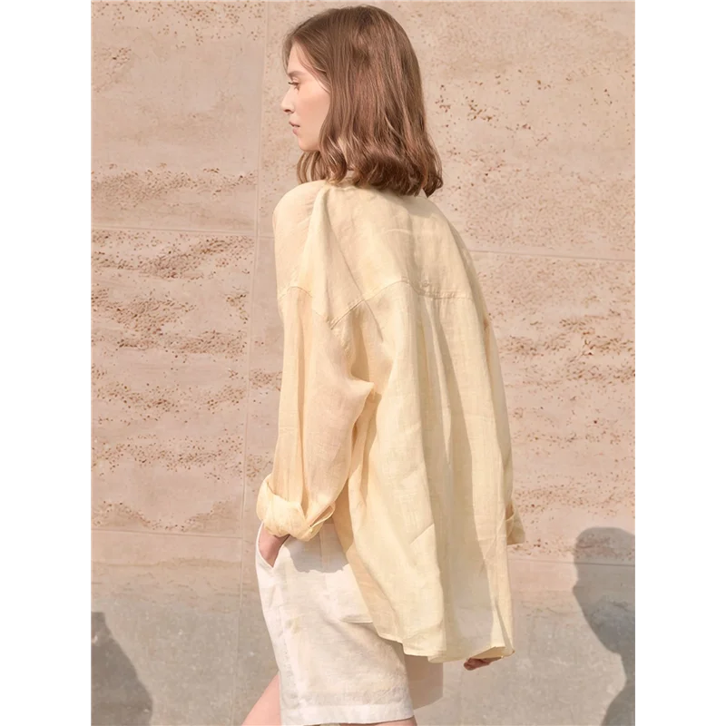

ASDS-Womens Button Down Shirts Long Sleeve Ramie Gauze Tops Casual Collared Blouses Loose Fit