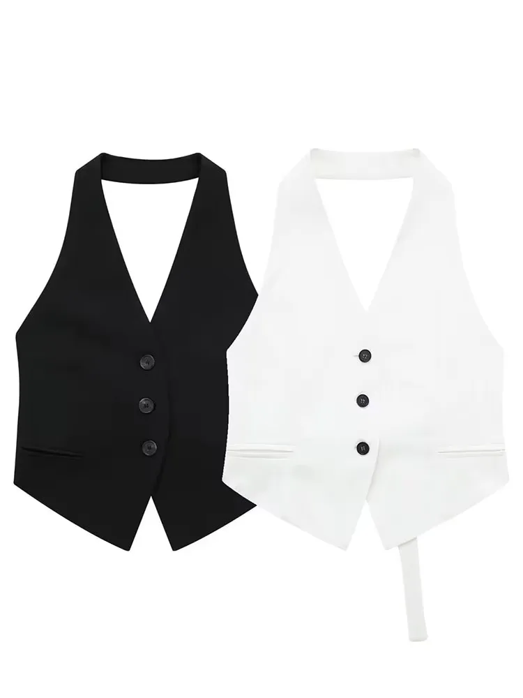 

HH летний женский жилет с воротником на шее, жилет в уличном стиле, сексуальная шнуровка с лямкой на пуговицах, топ без рукавов, винтажные однотонные жилеты