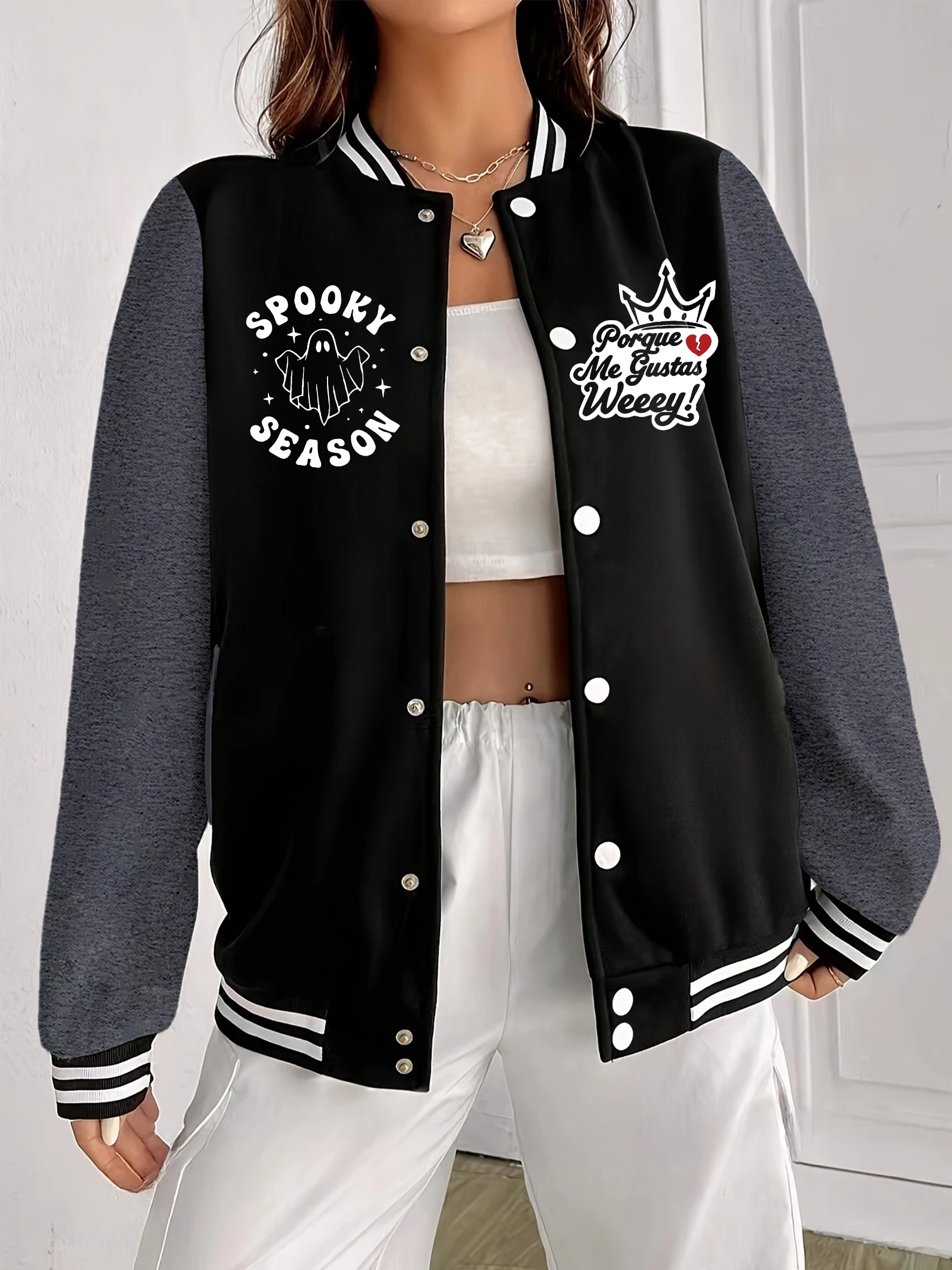 

Spooky Season Halloween Prints Y2K Baseball Uniform Women Loose Soft Clothes Fashion American Jackets Autumn Fleece Sportswear