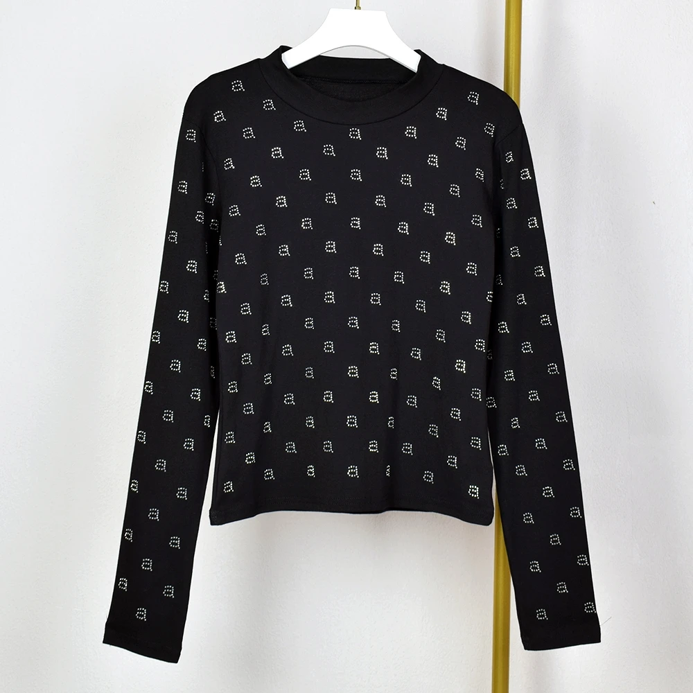 

AW Wang Diamond a Letter O-neck Long Sleeve Black Slim T-shirt For Women Crop Top Tshirts Star Girl Y2k Short Stich Tees Clothes