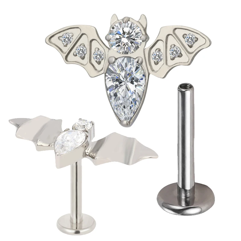 

ASTM F136 Titanium PIERC RING bat ear studs labret thread Ear Cartilage Tragus ear Lip Stud CZ Paved top Body piercing Jewelry