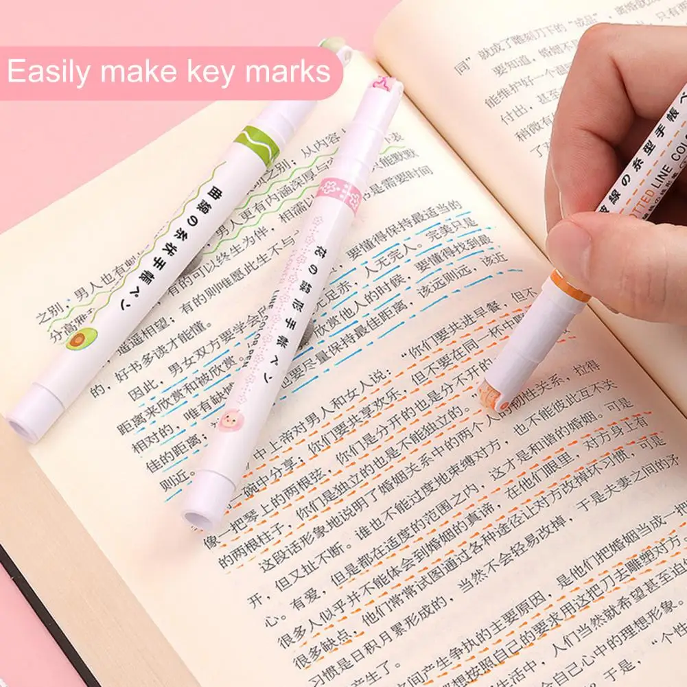 6Pcs Curve Pen Cute Pattern Writing Fluently Bright Color Roller Design Mark Roller Tip Curve Highlighter Liner Office Supplies