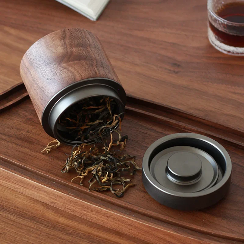 

Sansi Workshop New Chinese Black Walnut Wood Small Tea Can Premium Mini Tea Bin Aluminum Alloy Lid Sealed Can