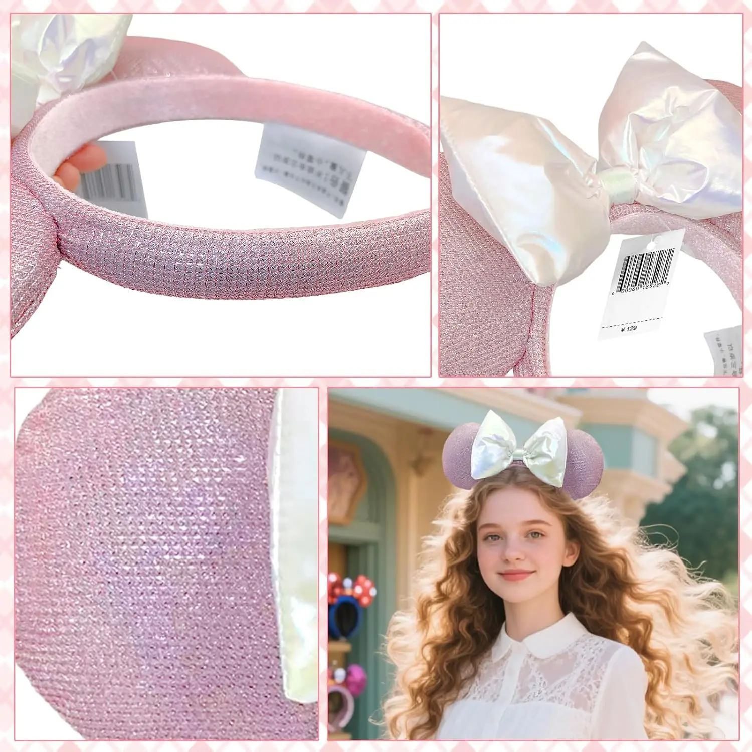 Mickey Mouse Ohr-Stirnbänder, rosa weiße Schleife, Haarbänder, Halloween, Weihnachten, Geburtstag, Party, Prinzessin, Cosplay, Kostüm für Frauen und Mädchen