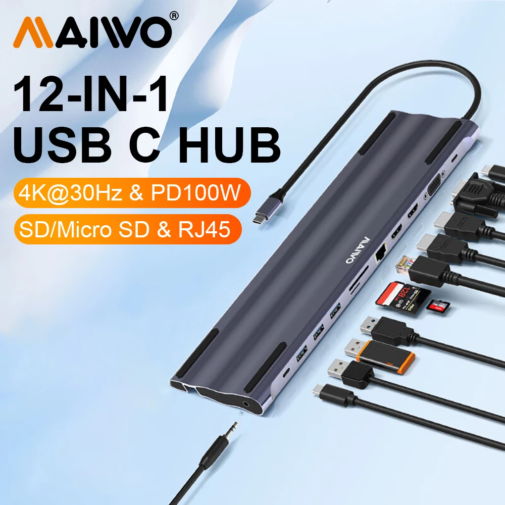 

USB-концентратор MAIWO 12 в 1 с Type C на 4K, 30 Гц, HDMI-совместимый, DP, RJ45, SD, TF-карта, USB 3,0, адаптер для MacBook Pro Air док-станции