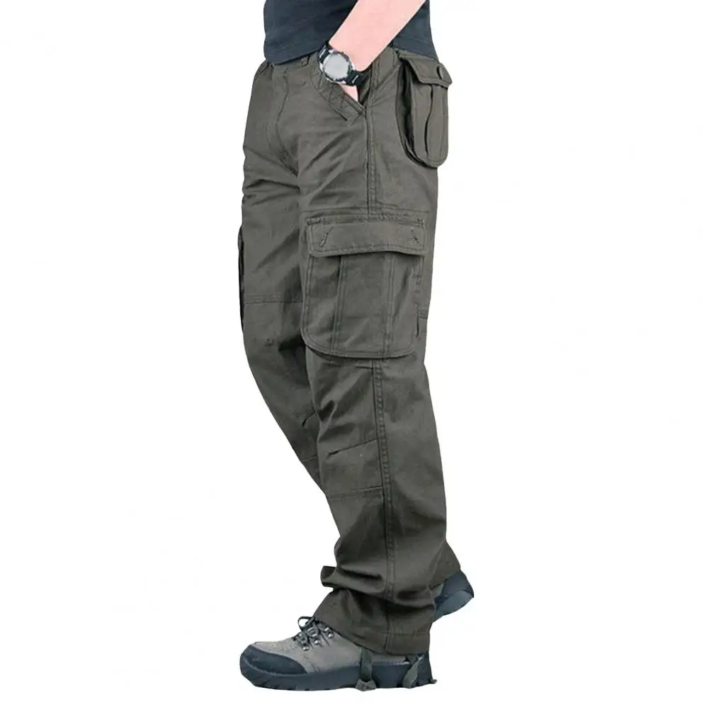 Men Cargo Pants Multi Pockets Button Zipper Closure Straight Wide Leg Streetwear Loose Solid Color Outdoor Long Trousers