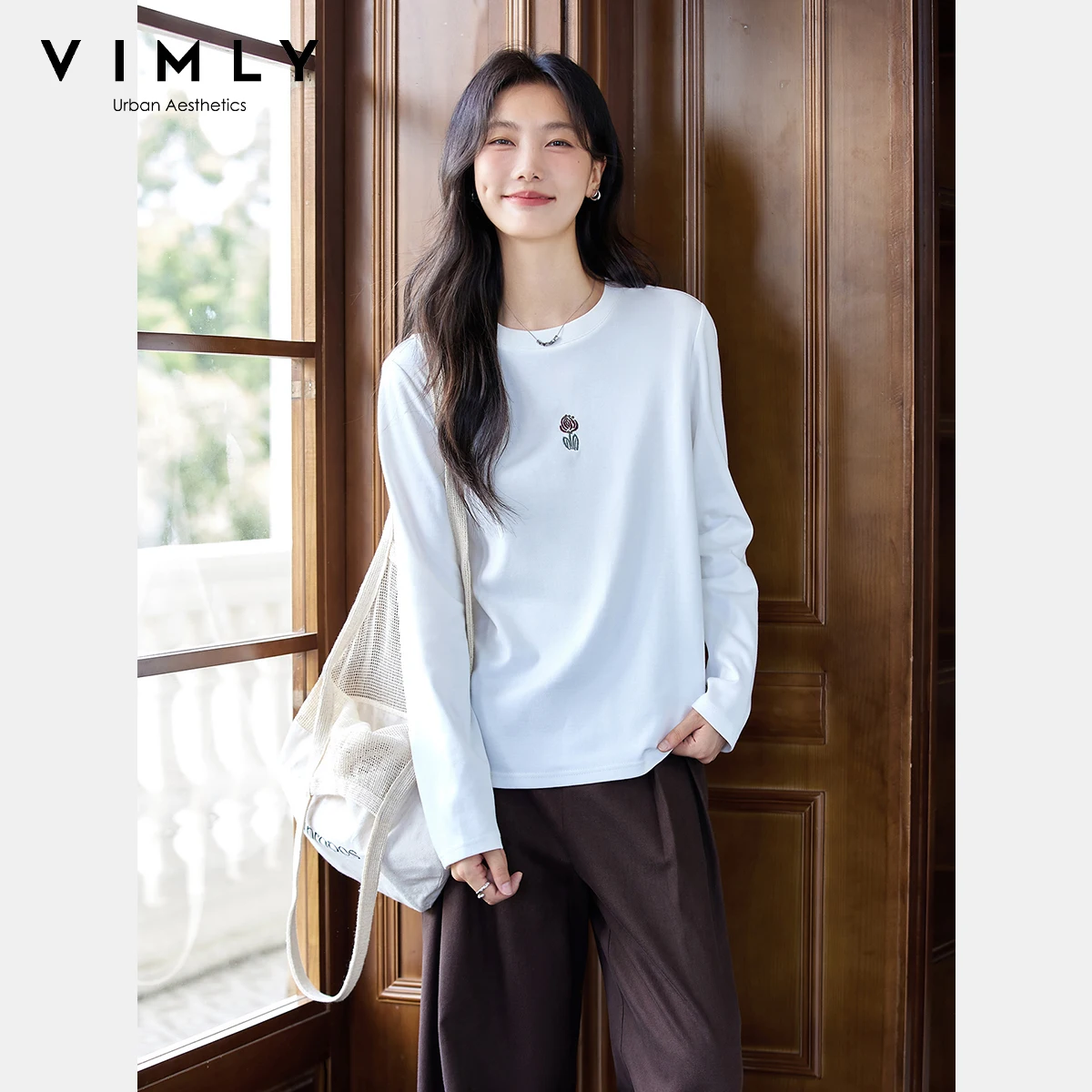 

VIMLY Women Long Sleeve T-shirts 2025 Autumn Tulip Embroidery Casual Straight Tees Crew Neck Straight Knitted Ladies Tops A2132