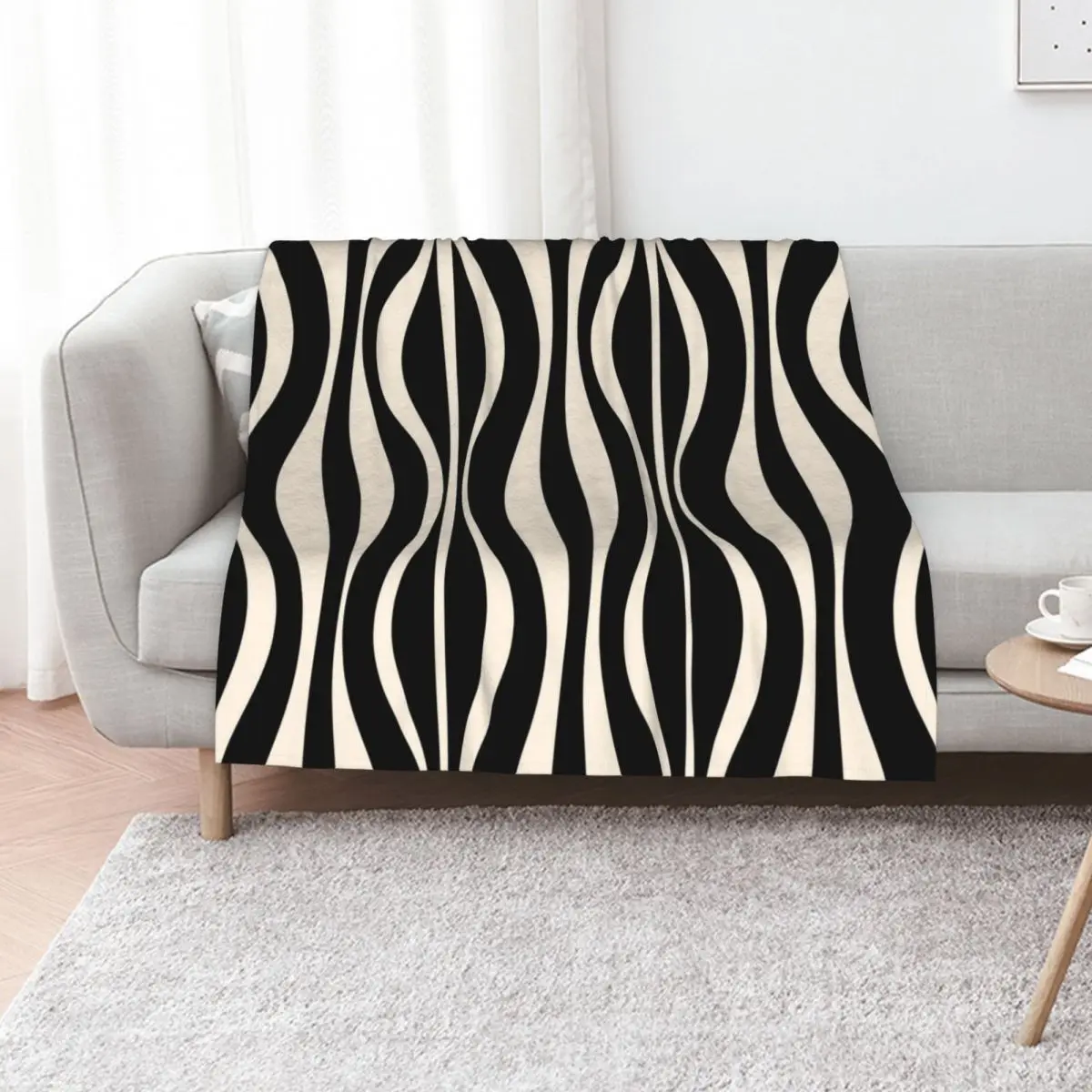 Hourglass Abstract Midcentury Modern Retro Mod Pattern in Black and Almond Cream Throw Blanket Thins Blankets