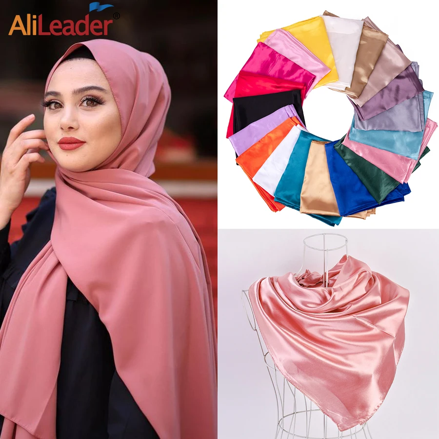 Cheap Solid Color Silk Satin Scarf Hijab Shawl Fashion Silk Satin Women Hair Scarf Silk Satin Bandana Women Autumn Winter Scarf