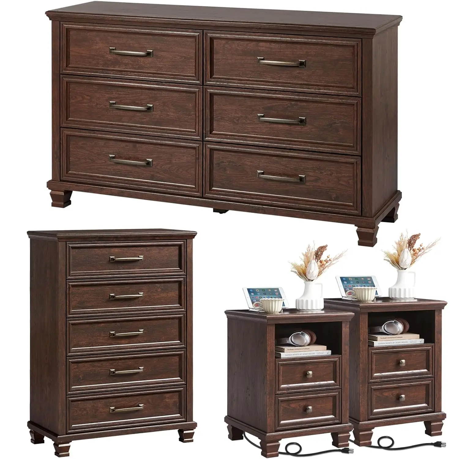 

Набор комодов и тумбочек для спальни в фермерском доме, 4-х предметов, комод с 5/6 ящиками и тумбочка с 2 ящиками для дома, спальни, прихожей,